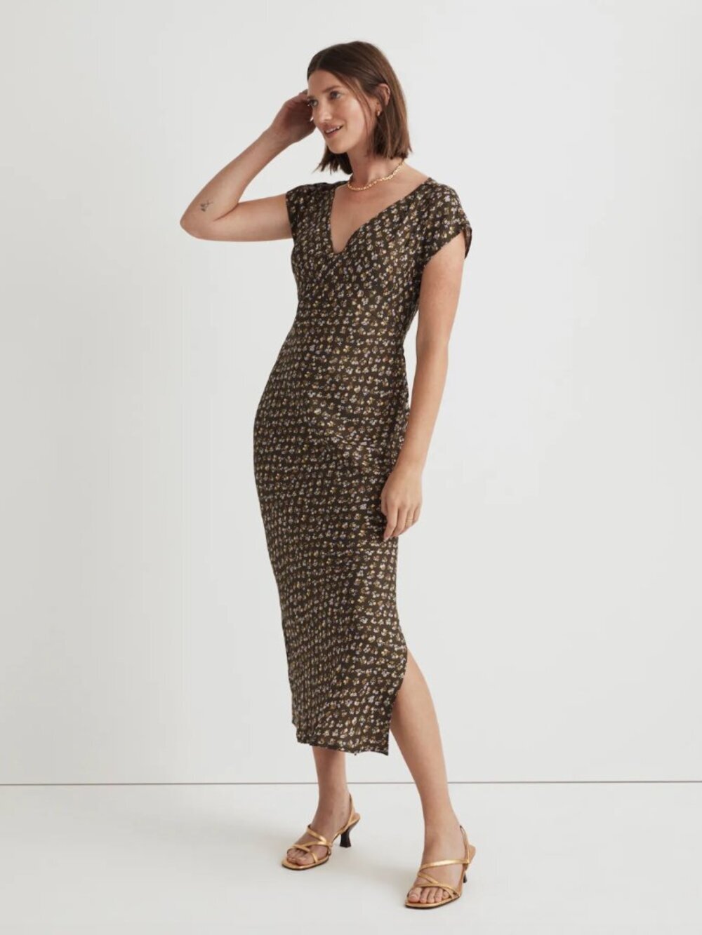 NWT Madewell Olive Expedition Green Purple Ditzy Floral Wide V-neck Midi Dress